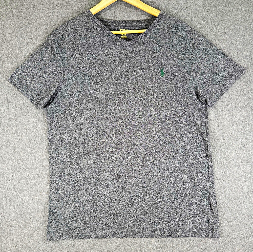 Polo Ralph Lauren Mens Medium Gray Marled V Neck T Shirt Green Pony Short Sleeve